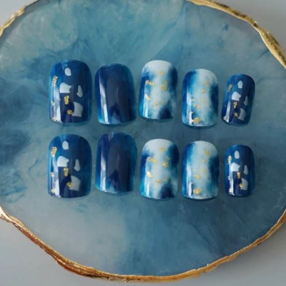 24 PCS Marbled Underwater Blue Press On Nails - Picture 3 of 6